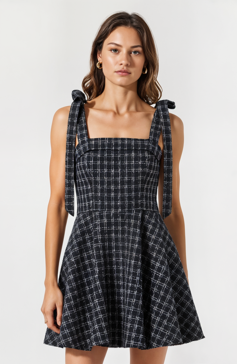 Modenaire Plaid Mini Dress with Tie-Strap Shoulders and Square Neckline, Main, color, Black / White Plaid
