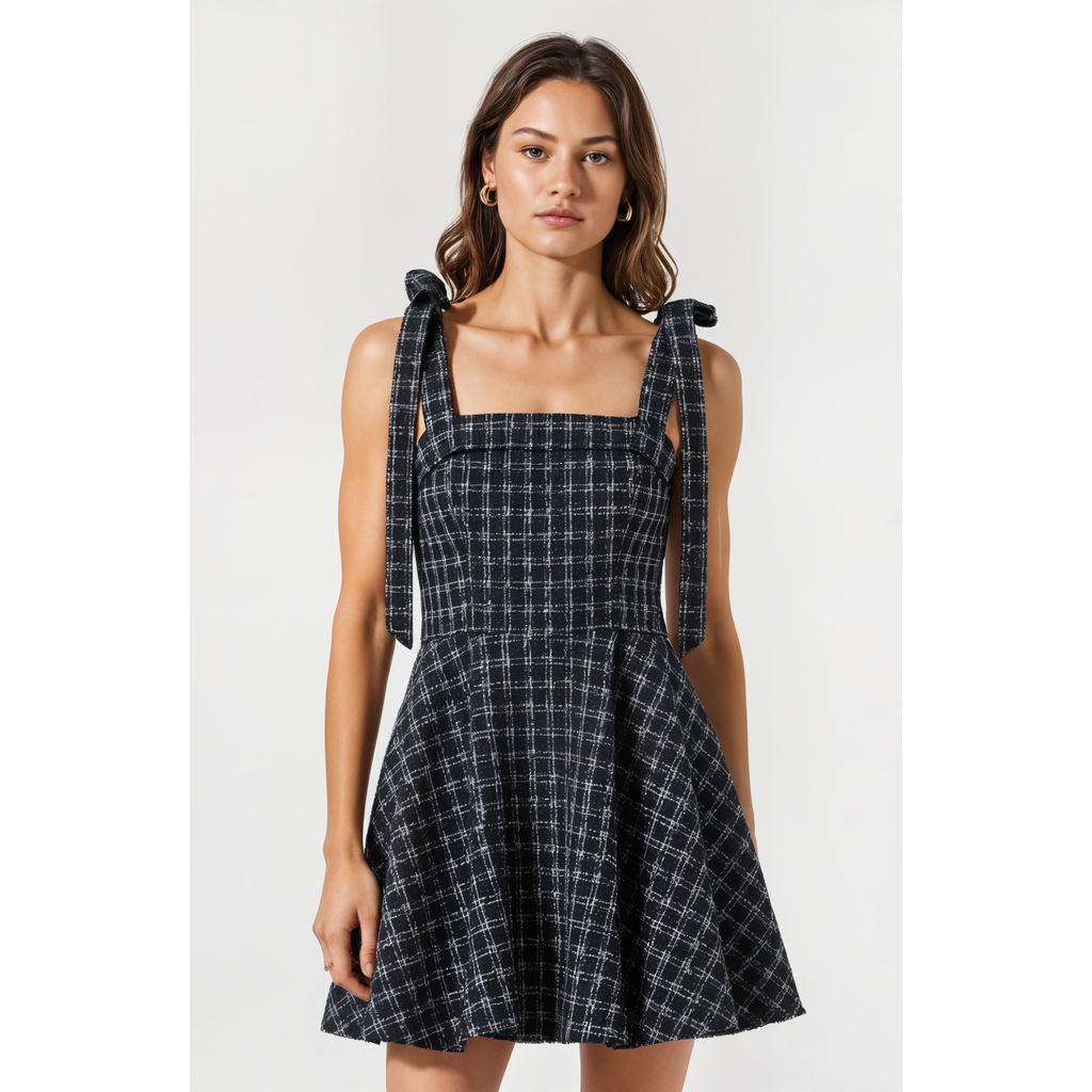 Modenaire Plaid Mini Dress With Tie-strap Shoulders And Square Neckline In Multi