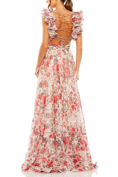 Mac Duggal Tiered Floral Chiffon Gown With Ruffle Accents And Open Back