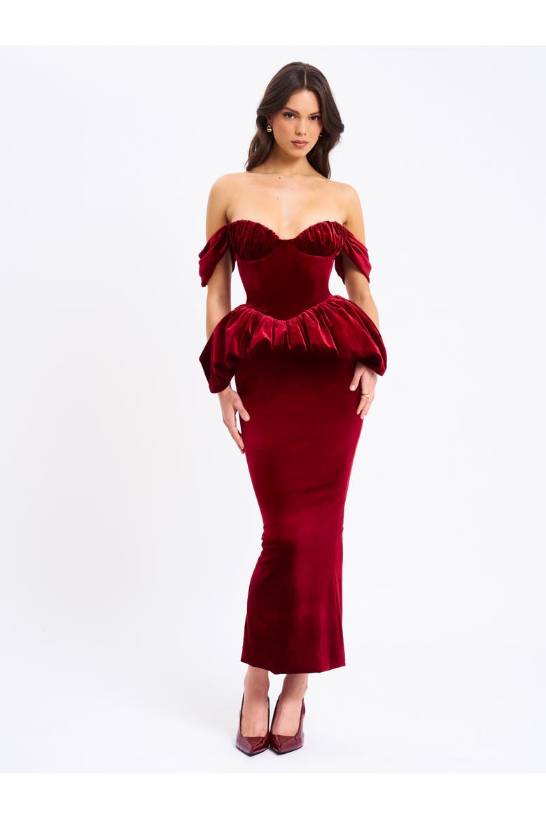 Abigail Velvet Off Shoulder Bubble Hem Peplum Maxi Dress, Main, color, Red