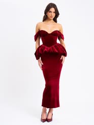 Miss Circle Abigail Velvet Off Shoulder Bubble Hem Peplum Maxi Dress