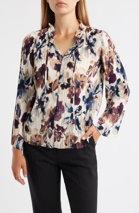 Floral Pleated Tie Neck Top