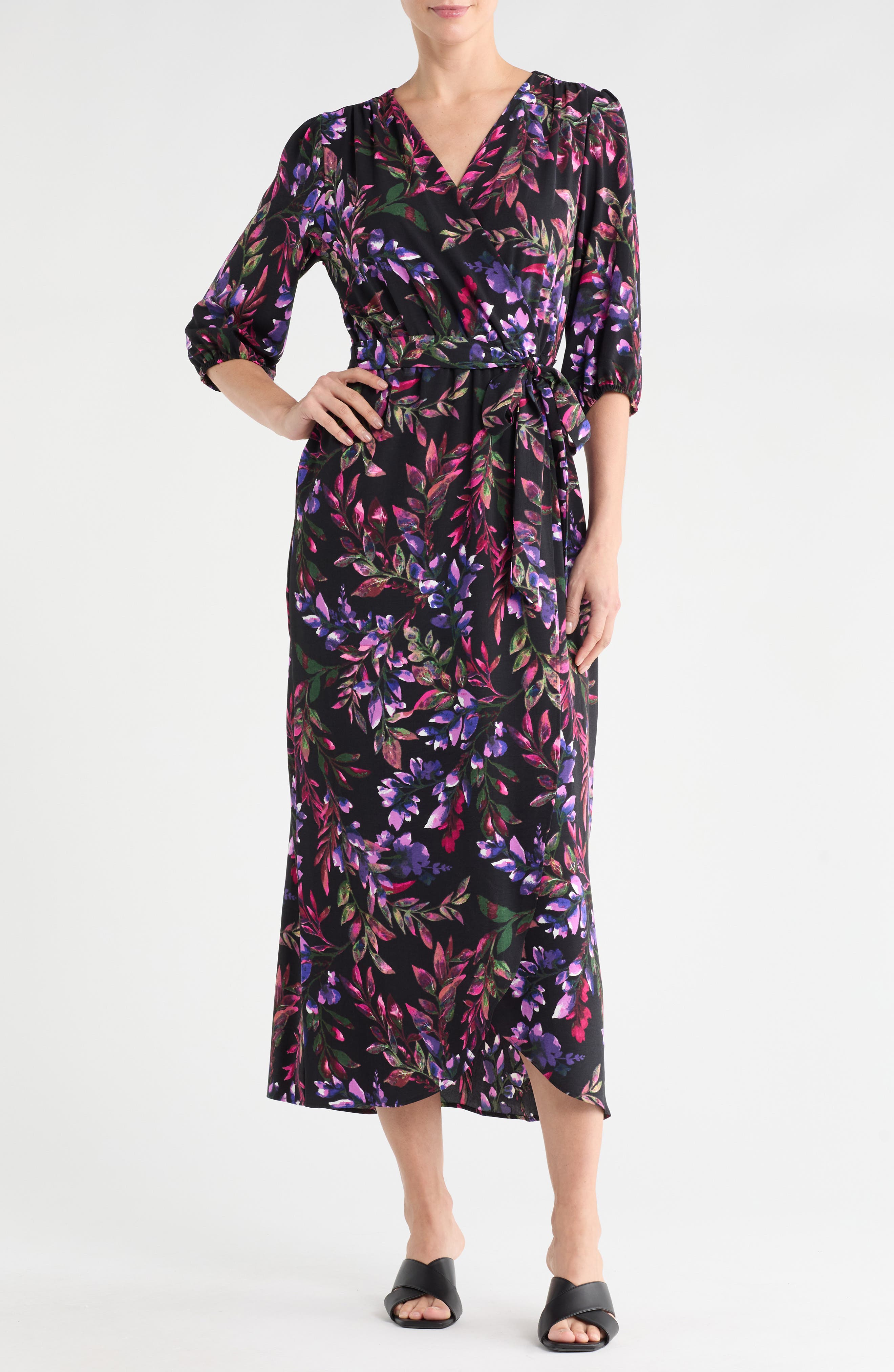 Connected Apparel Floral Faux Wrap Maxi Dress