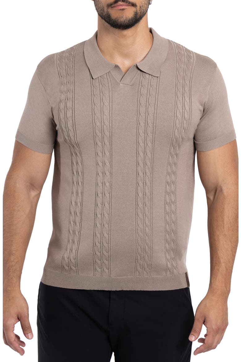 Cable Short Sleeve Johnny Collar Sweater, Main, color, TAUPE
