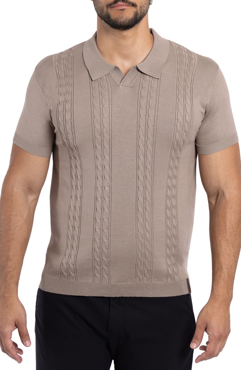 Spring + Mercer Cable Short Sleeve Johnny Collar Sweater, Main, color, Taupe