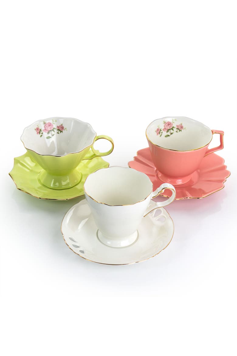 12 Piece Fine Ceramic Scalloped Cups with Saucers, Alternate, color, White