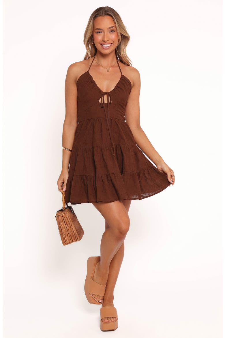 Rilie Floral Embroidered Halter Minidress, Main, color, BROWN