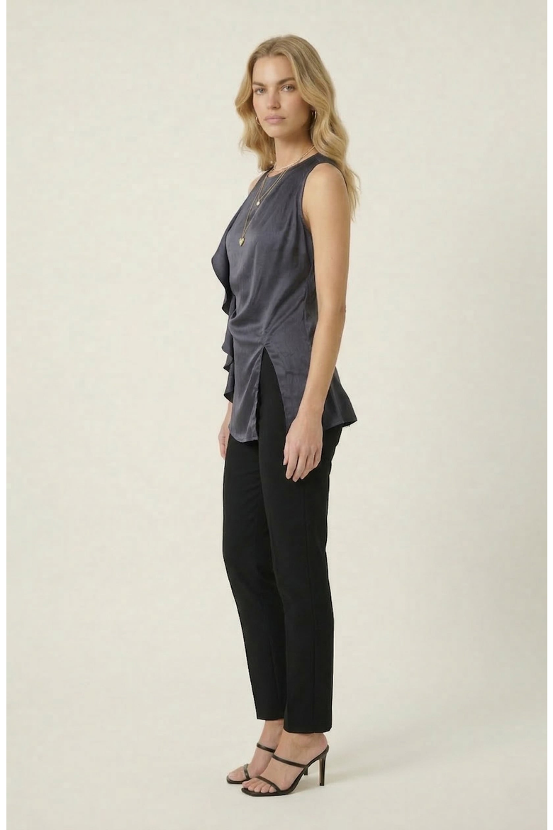 Sleeveless Blouse with Asymmetric Ruffle and Draped Detail, Alternate, color, Charcoal Gray