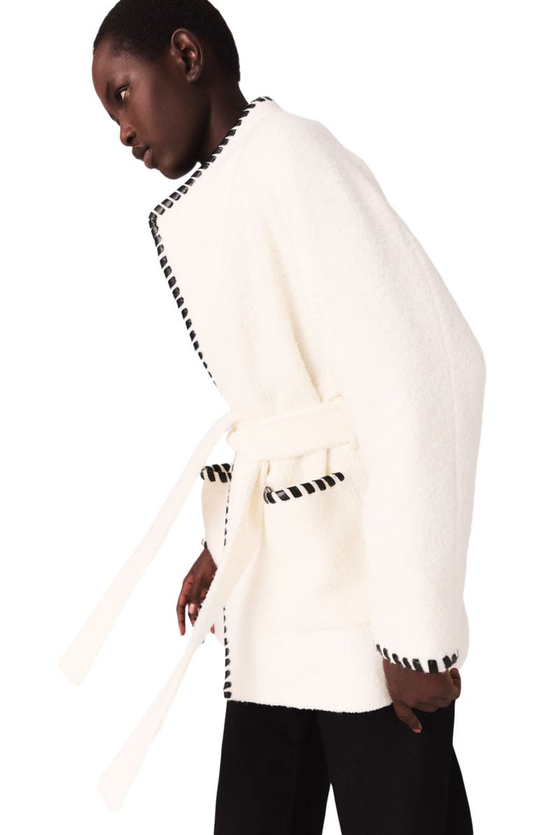 maje Lined coat with contrasting ribbon, Alternate, color, Ecru / Black