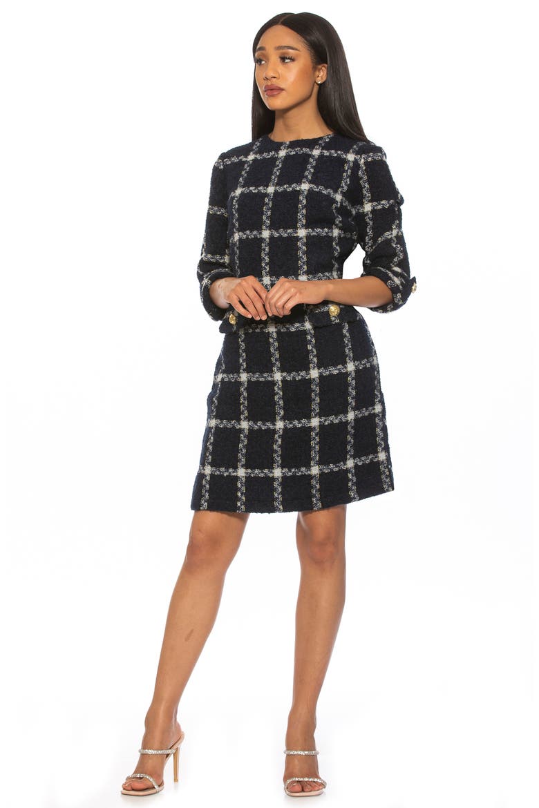 Anna Windowpane 3/4 Sleeve Tweed Shift Dress, Alternate, color, NAVY PLAID