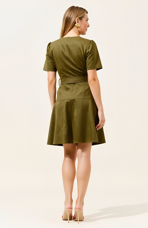 Modenaire Short Sleeve Mini Dress With Belted Waist And Utility Pockets In Green