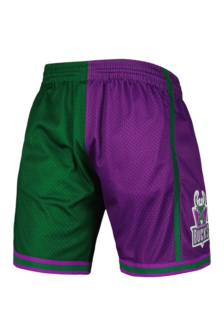 Men's Mitchell & Ness Green/Purple Milwaukee Bucks Hardwood Classics 1996 Split Swingman Shorts, Alternate, color, Green