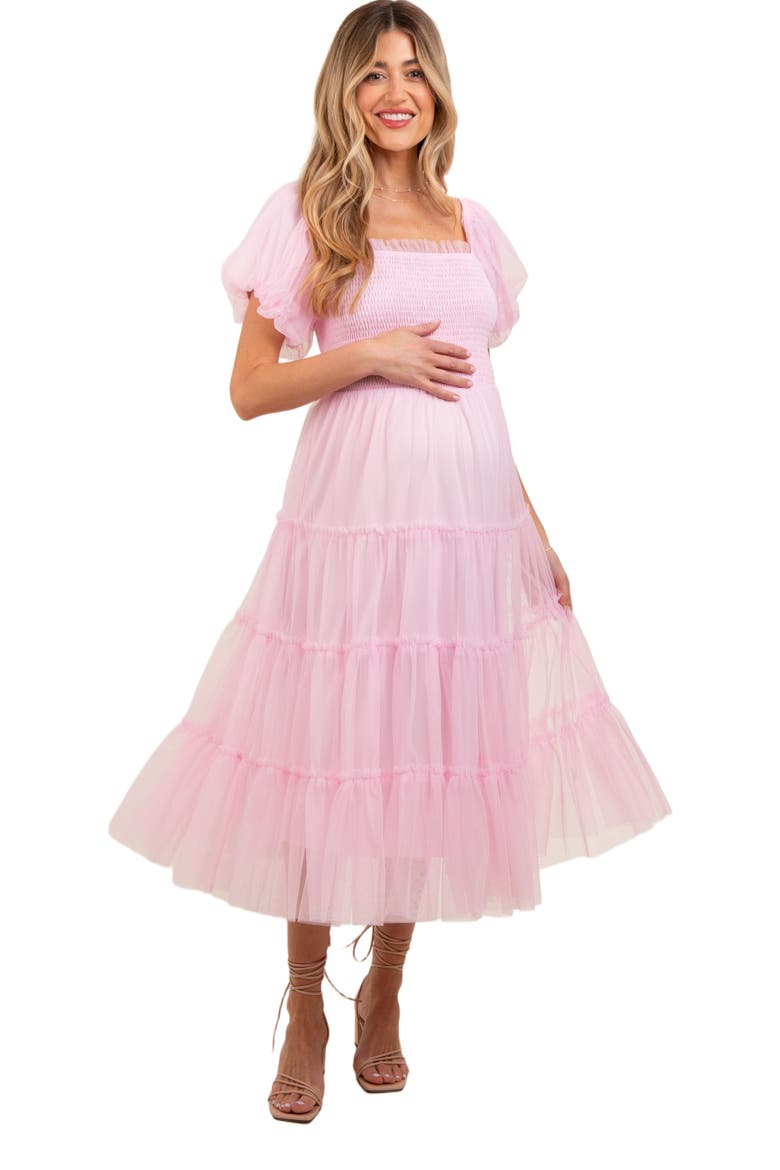 Smocked Tiered Tulle Midi Dress, Main, color, Light Pink
