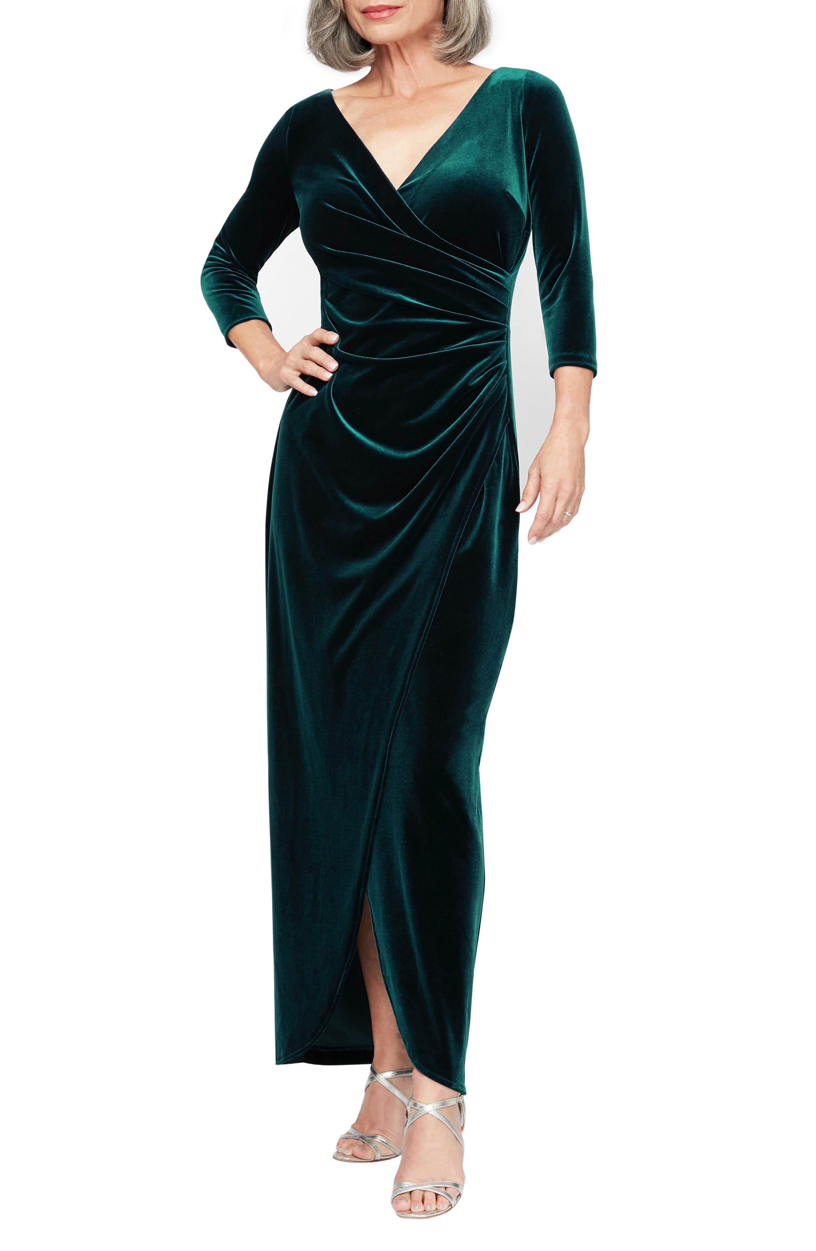 Alex Evenings Ruched Three-Quarter Sleeve Velvet Gown