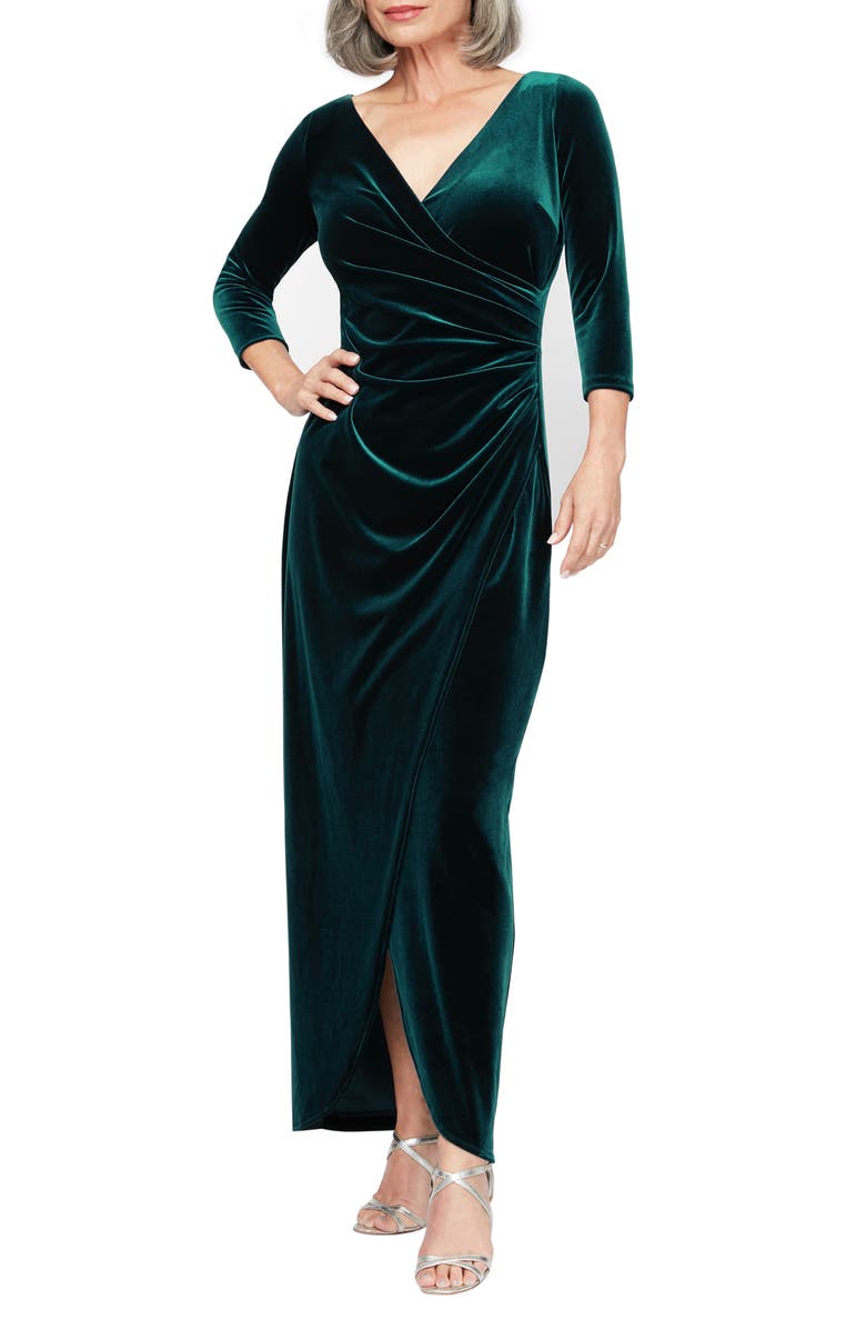 Alex Evenings Ruched Three-Quarter Sleeve Velvet Gown, Main, color, Forest