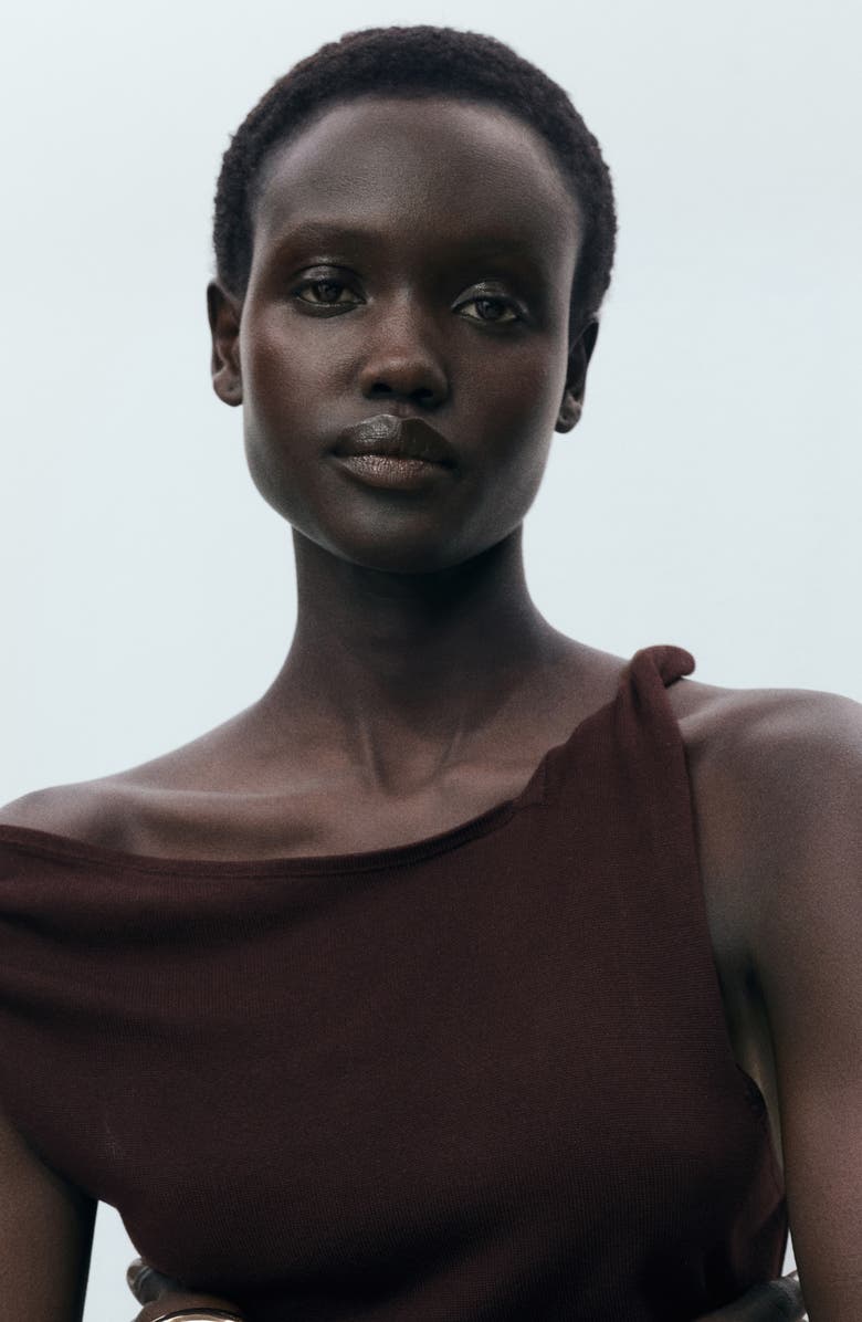 MANGO Asymmetric Ruched Knit Top, Alternate, color, Chocolate