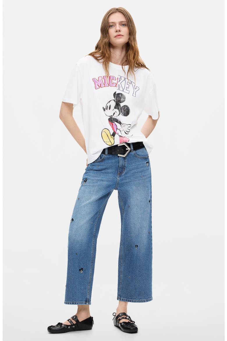 Mickey Mouse Embroidered High Waist Wide Leg Jeans, Alternate, color, LIGHT BLUE