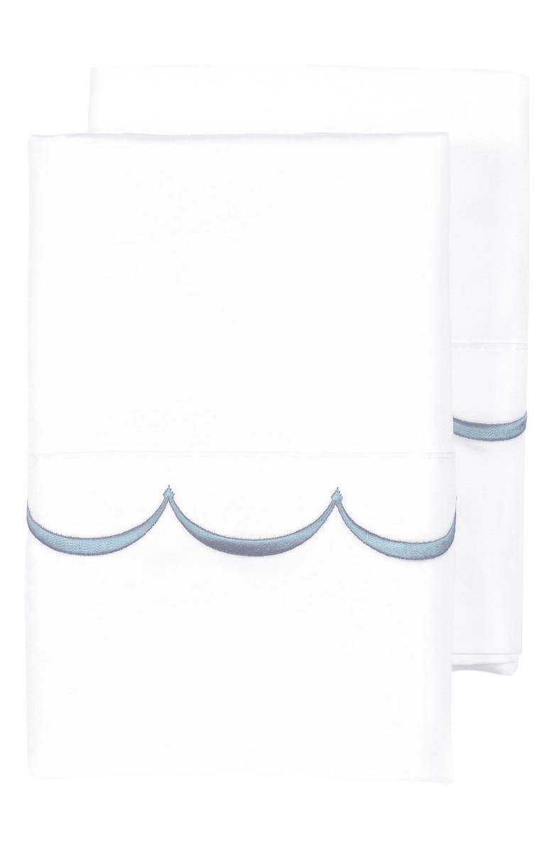 MELANGE HOME Scalloped Edge Embroidered 600 Thread Count Pillowcases, Main, color, White/ Blue