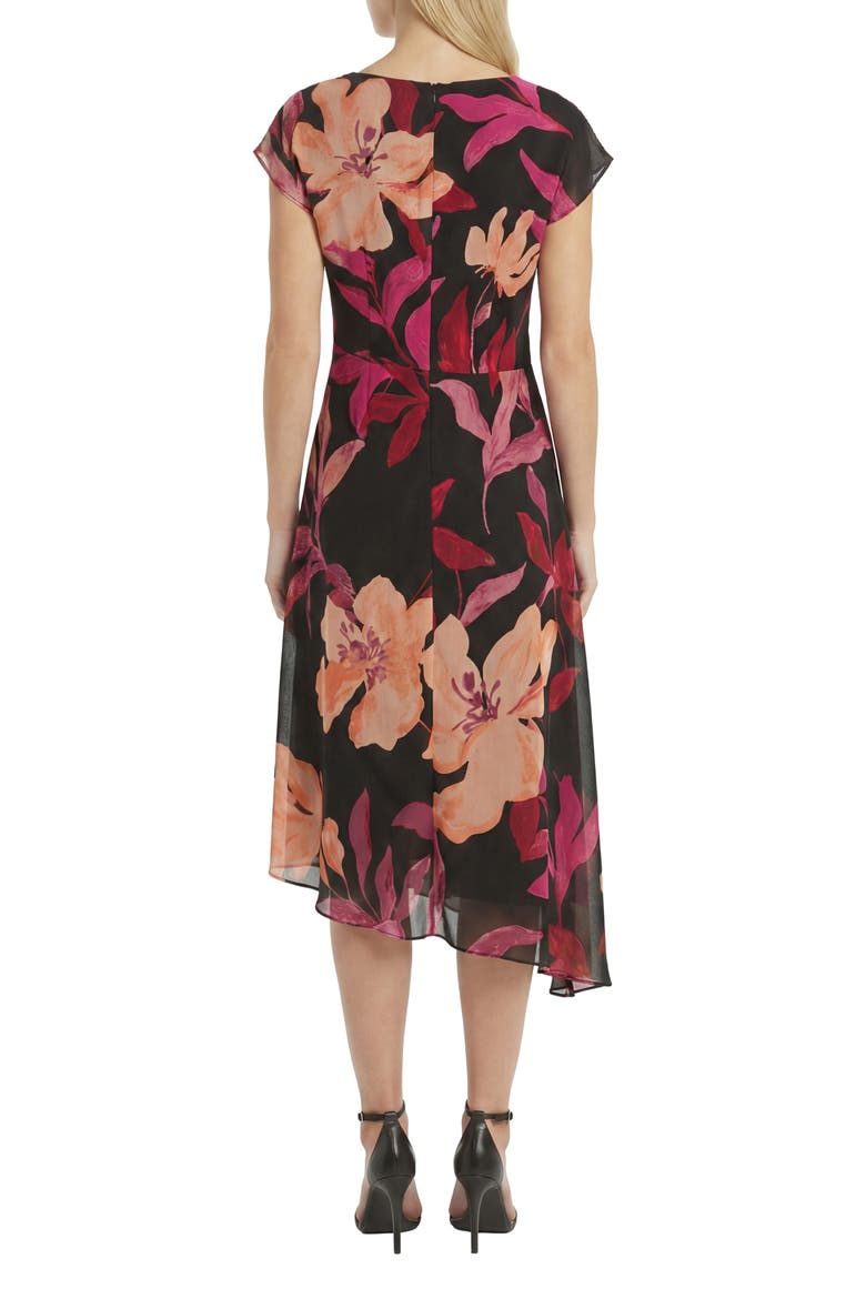 Asymmetrical Cap Sleeve Floral Midi Dress, Alternate, color, BLACK ONYX/ SCARLET