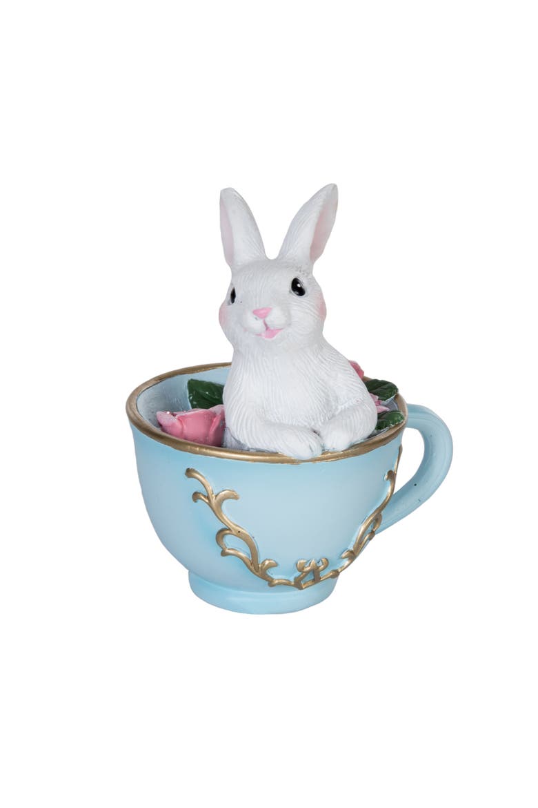White Easter Bunny Blue Tea Cup Decorative Small Figurine 4", Main, color, Pink