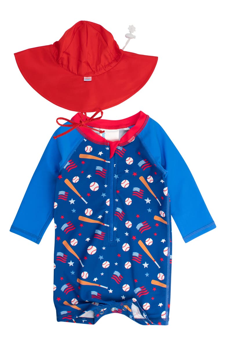RuggedButts Play Ball One-Piece Rashguard Swimsuit & Hat Set, Main, color, 