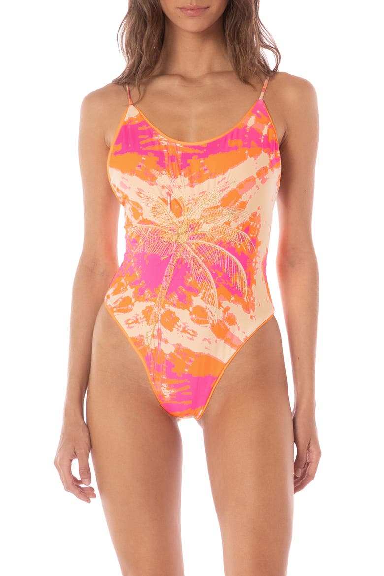 Flamingo Swirl Luster Reversible One-Piece Swimsuit, Main, color, PINK