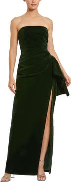 Mac Duggal Strapless High Slit Draped Velvet Gown