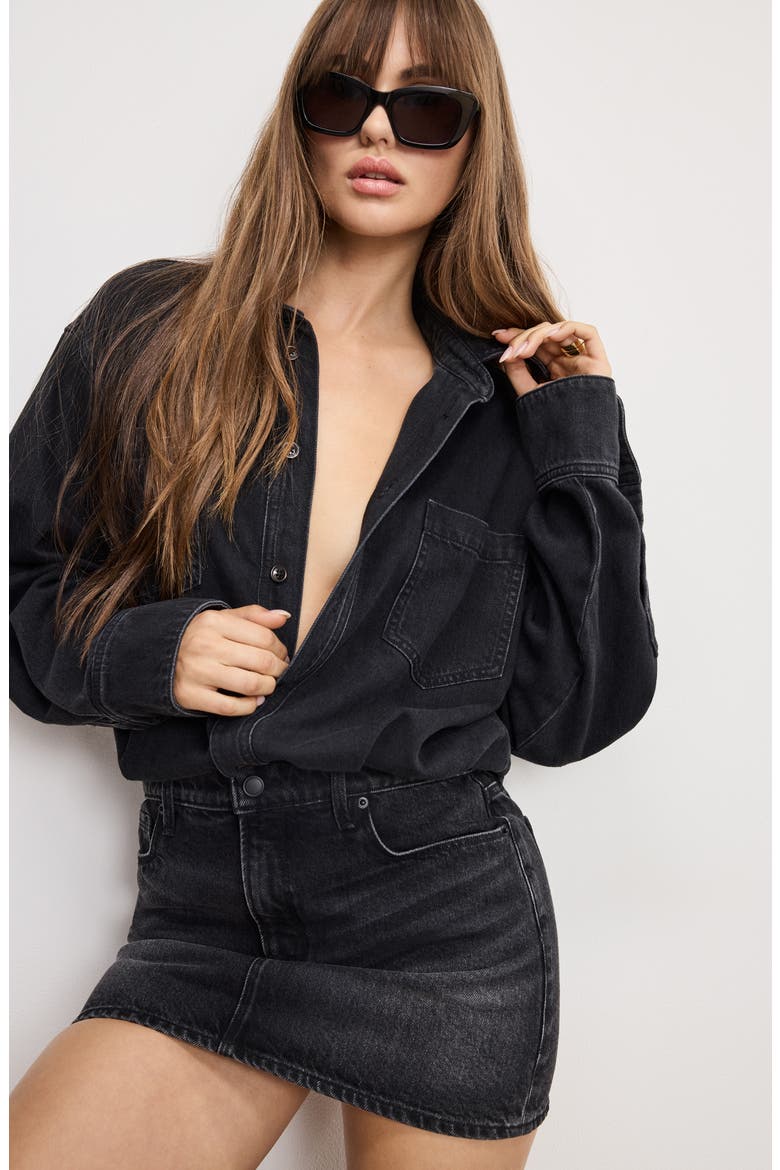Denim Long Sleeve Mini Shirtdress, Alternate, color, BLACK389