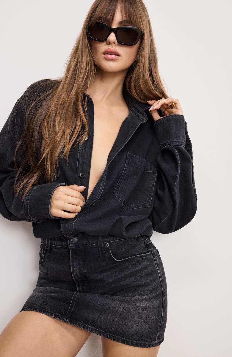 Good American Denim Long Sleeve Mini Shirtdress, Alternate, color, Black389