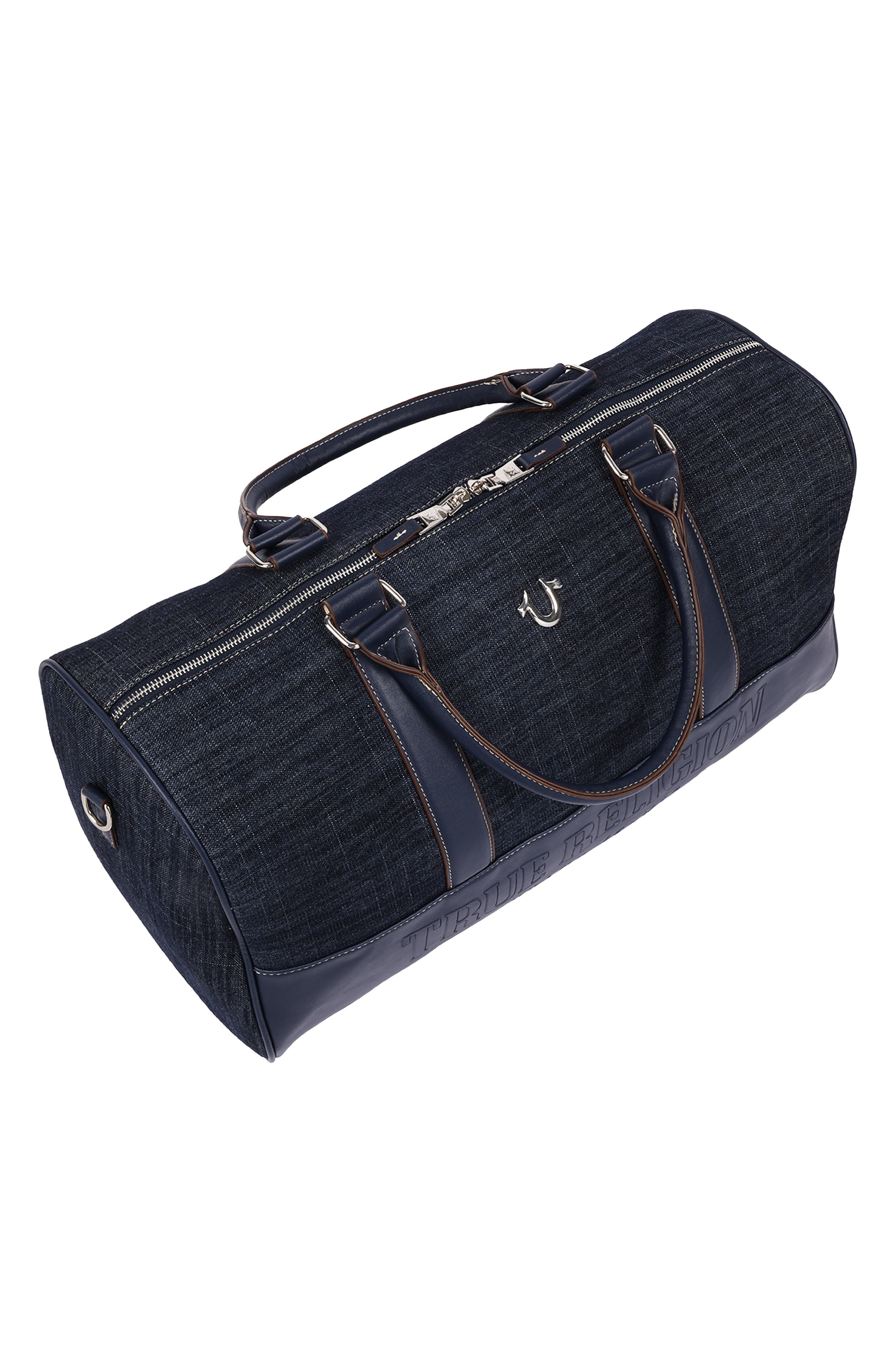 Horseshoe Quilted Denim Weekender Bag, Alternate, color, DARK DENIM