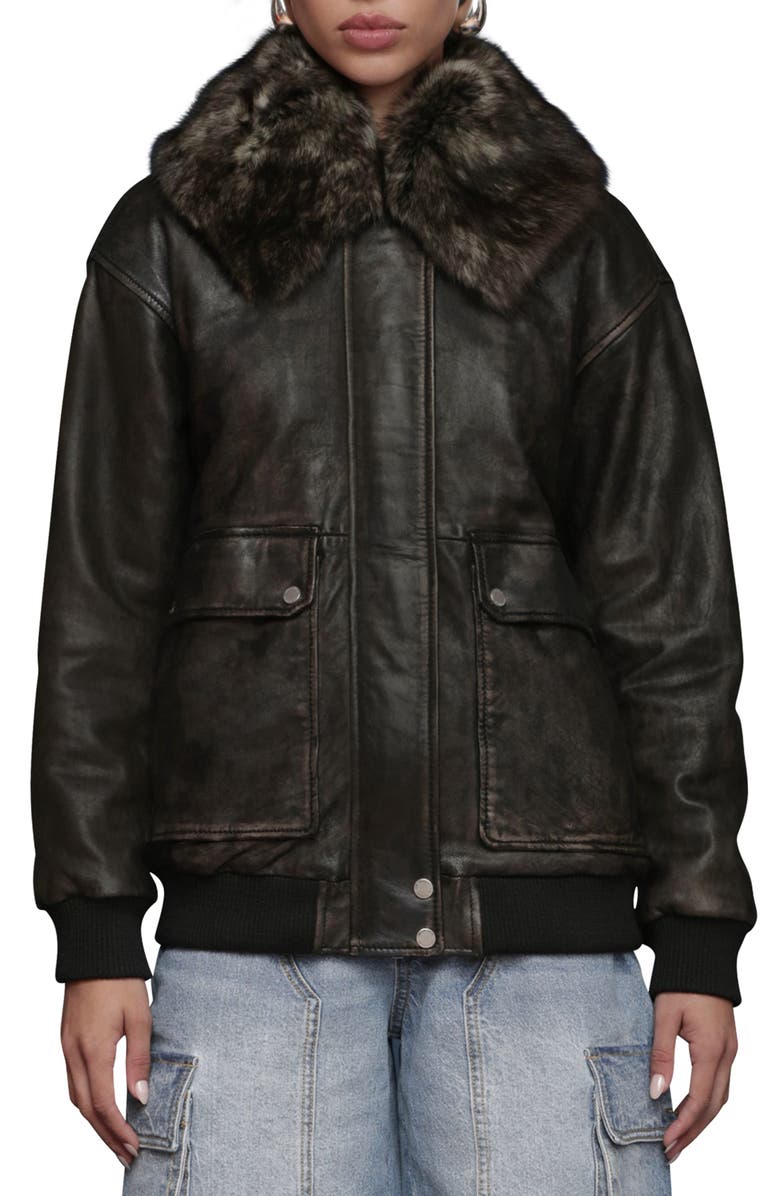 Avec Les Filles Oversize Leather Bomber Jacket with Genuine Shearling Collar, Alternate, color, Washed Black