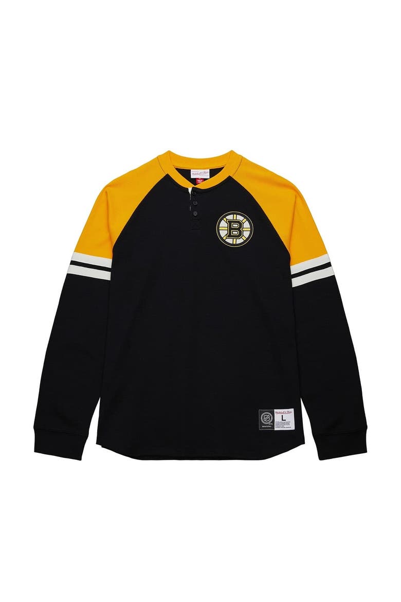 Men's Mitchell & Ness  Black Boston Bruins Thermal Henley Long Sleeve T-Shirt, Main, color, Black
