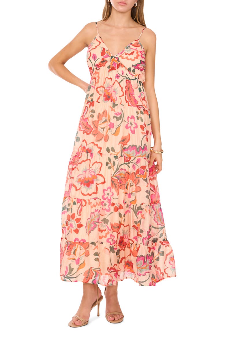 Tiered Babydoll Midi Dress, Main, color, PEACH MULTI