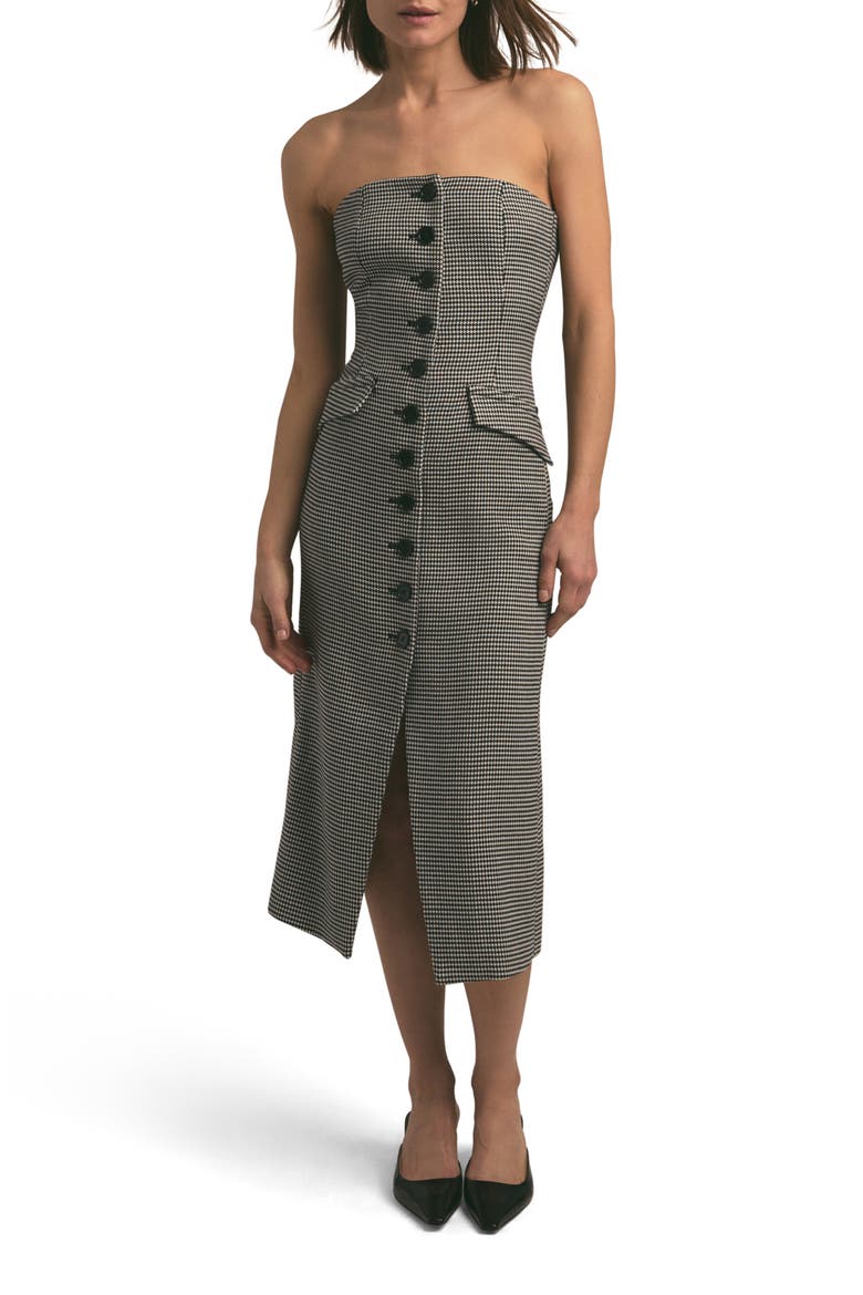 The Phoebe Strapless Midi Dress, Main, color, MICRO BW HOUNDSTOOTH