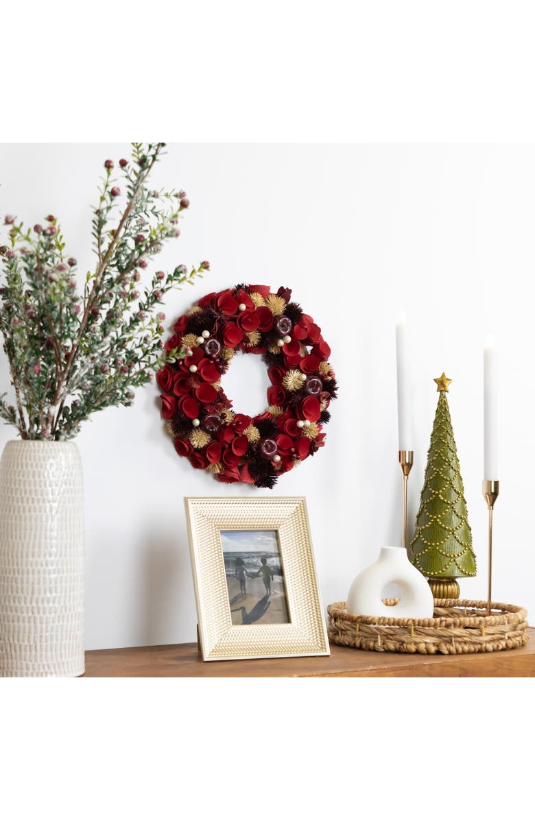 Northlight Wooden Roses, Apples and Pearls Artificial Christmas Wreath - 13" - Unlit - Red, Alternate, color, Red