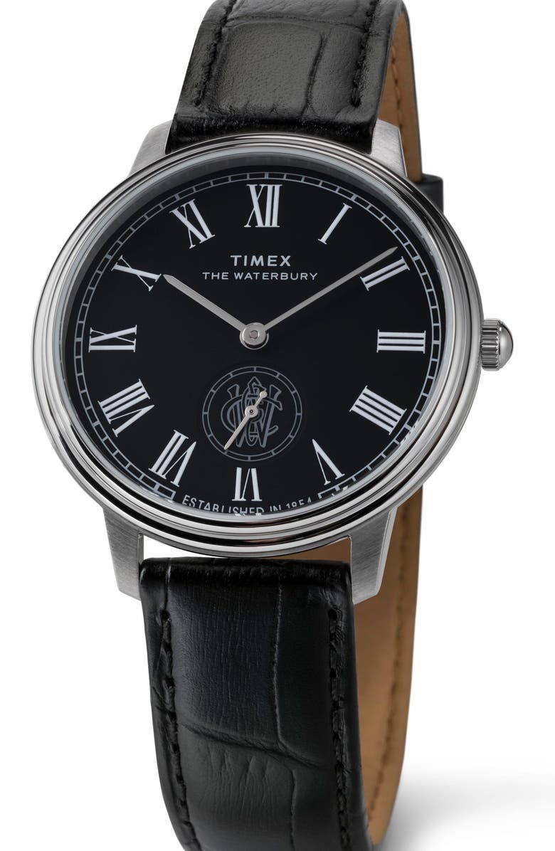 Timex<sup>®</sup> Waterbury Metropolitan Leather Strap Watch, 39mm, Alternate, color, Black
