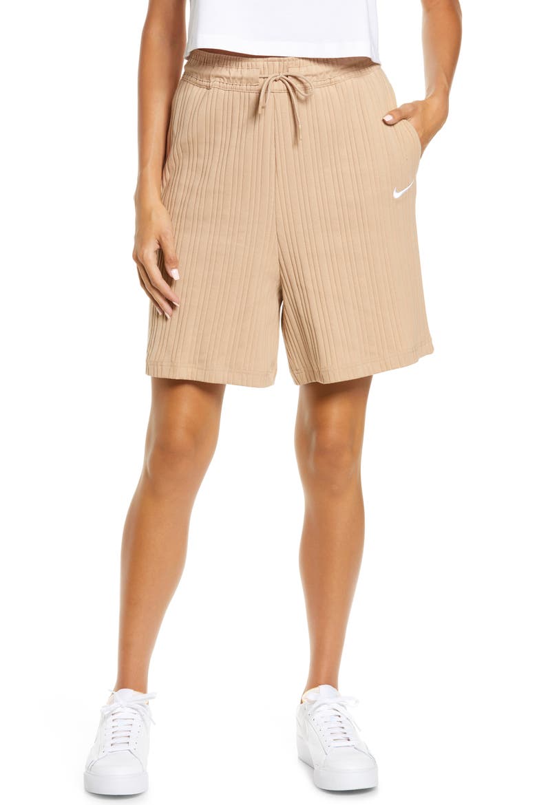 Sportswear Rib Longline Shorts, Main, color, HEMP/ WHITE