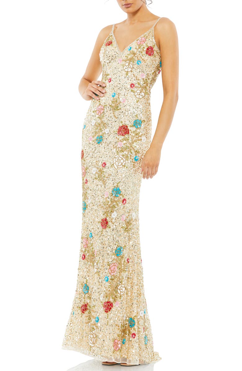 Mac Duggal Floral Sequin Sheath Gown, Main, color, 