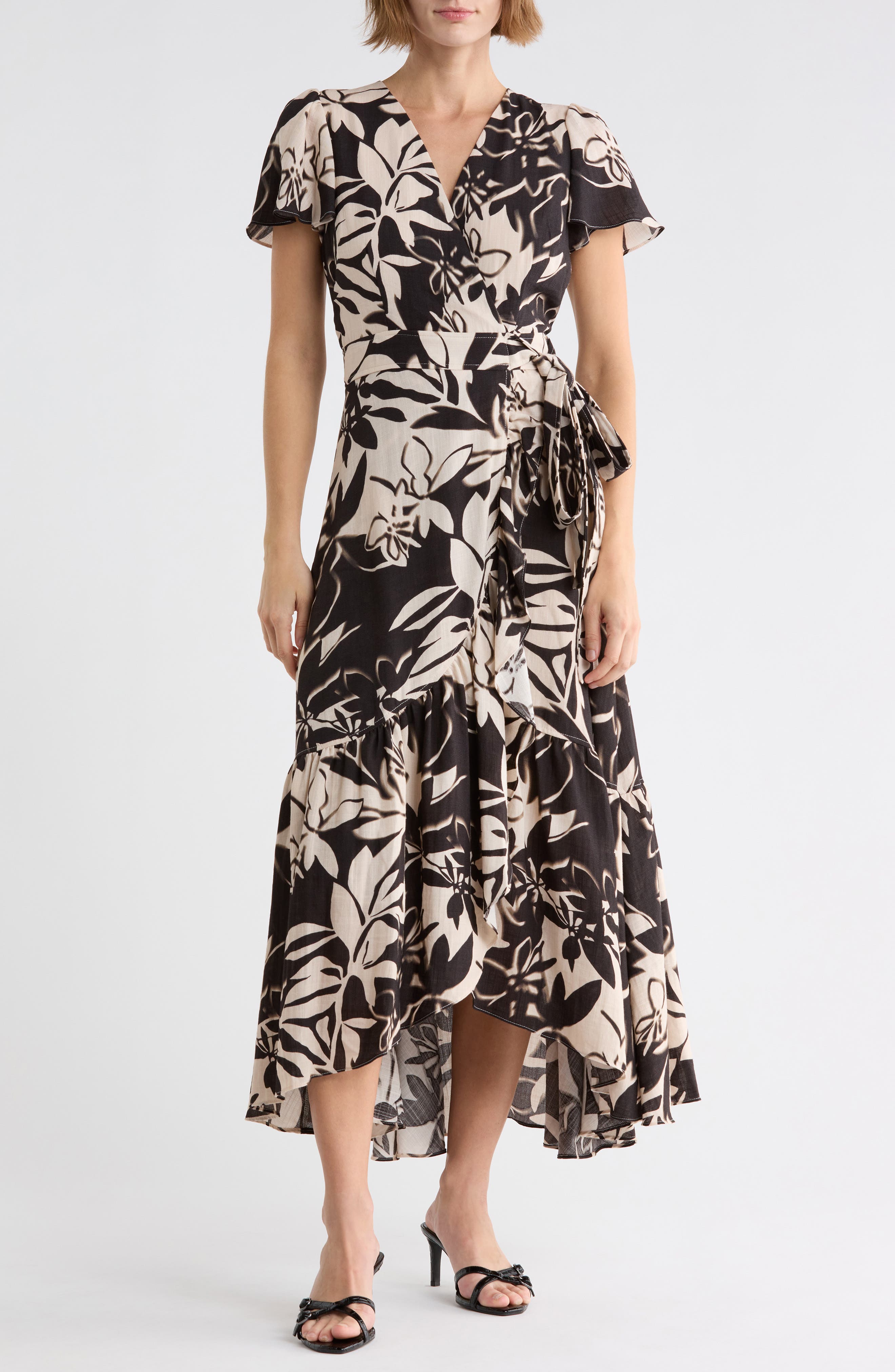 Floral Flutter Sleeve Faux Wrap Dress