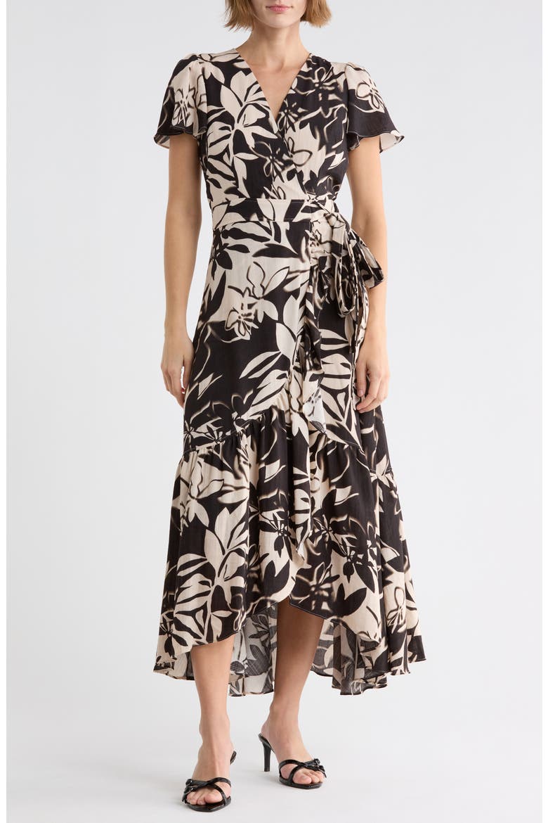 Floral Flutter Sleeve Faux Wrap Dress, Main, color, BK/ LT CITY