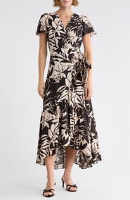 DKNY Floral Flutter Sleeve Faux Wrap Dress