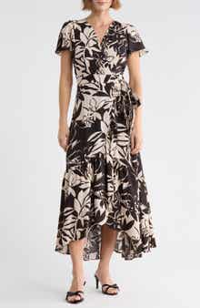 Floral Flutter Sleeve Faux Wrap Dress