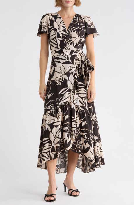 Floral Flutter Sleeve Faux Wrap Dress