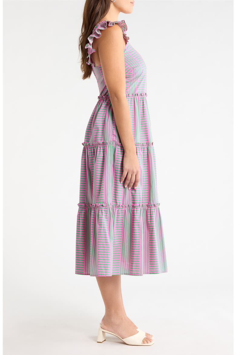 Valda Stripe Ruffle Tiered Midi Dress, Alternate, color, PINK-GREEN-MULTI