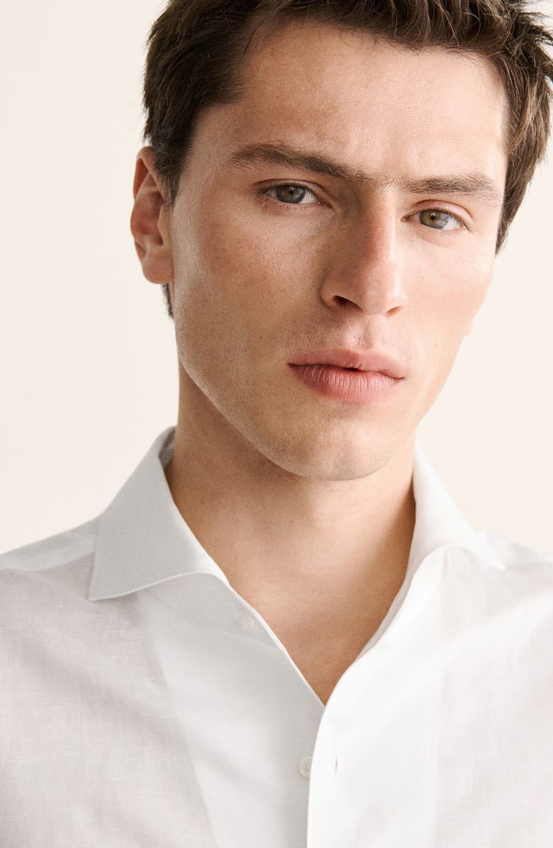 MANGO Regular Fit Solid Slub Linen Blend Button-Up Shirt, Alternate, color, White