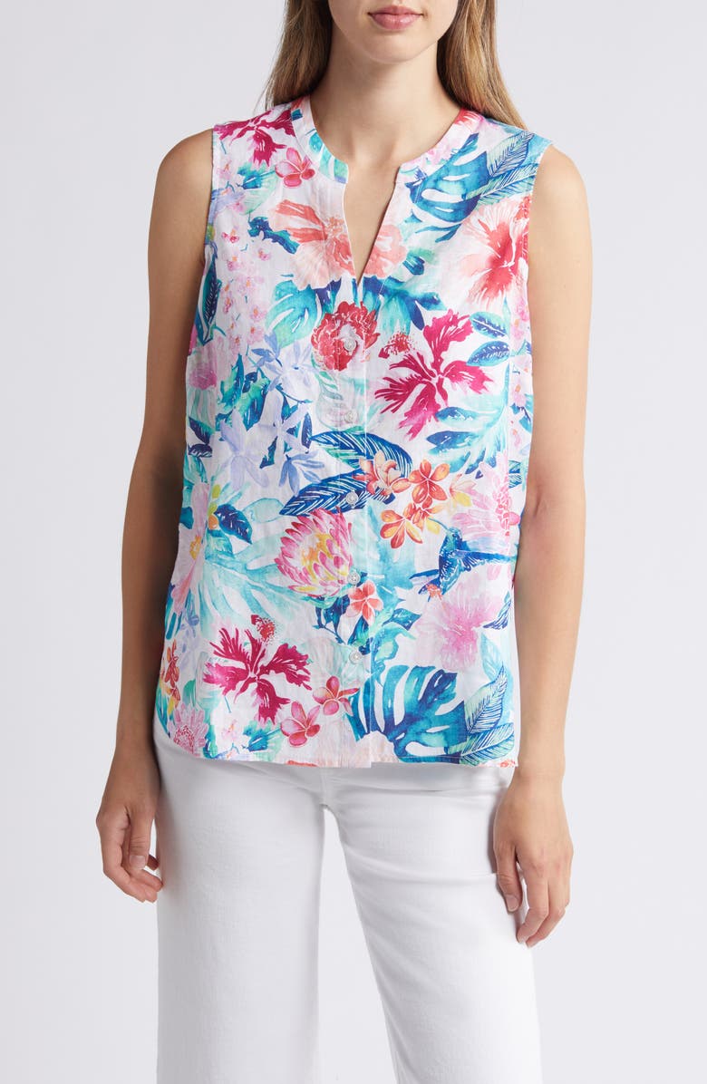 Tommy Bahama Perfectly Paradise Floral Sleeveless Linen Button-Up Shirt, Main, color, White