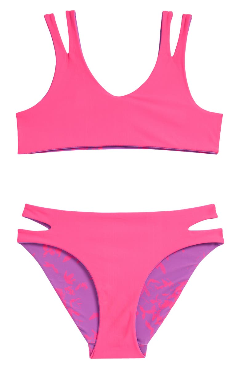 Zella Girl Kids' Suns Out Reversible Two-Piece Swimsuit, Alternate, color, Purple Iris Optic Petal