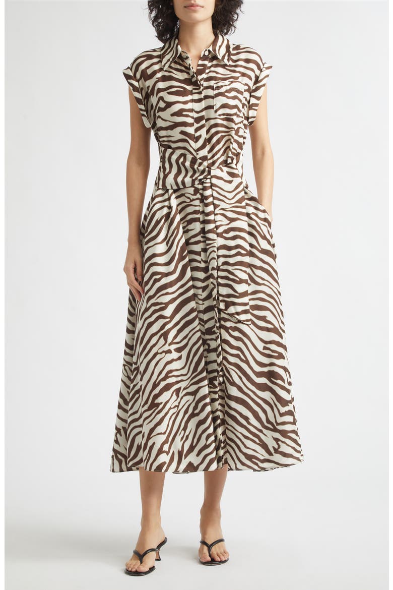 Serena Rolled Sleeve Zebra Print Midi Shirtdress, Main, color, NATURAL ZEBRA