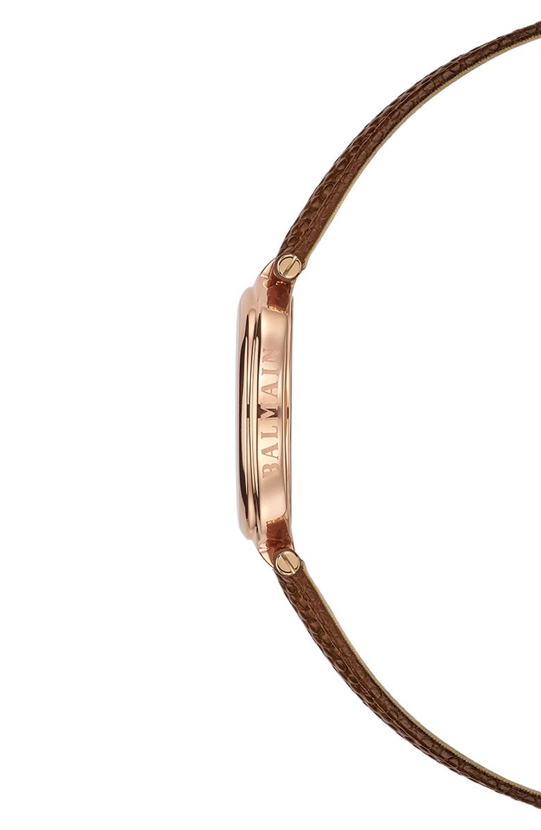 Balmain Haute Elegance Oval Leather Strap Watch, 26mm x 32mm, Alternate, color, Yellow Gold Brown