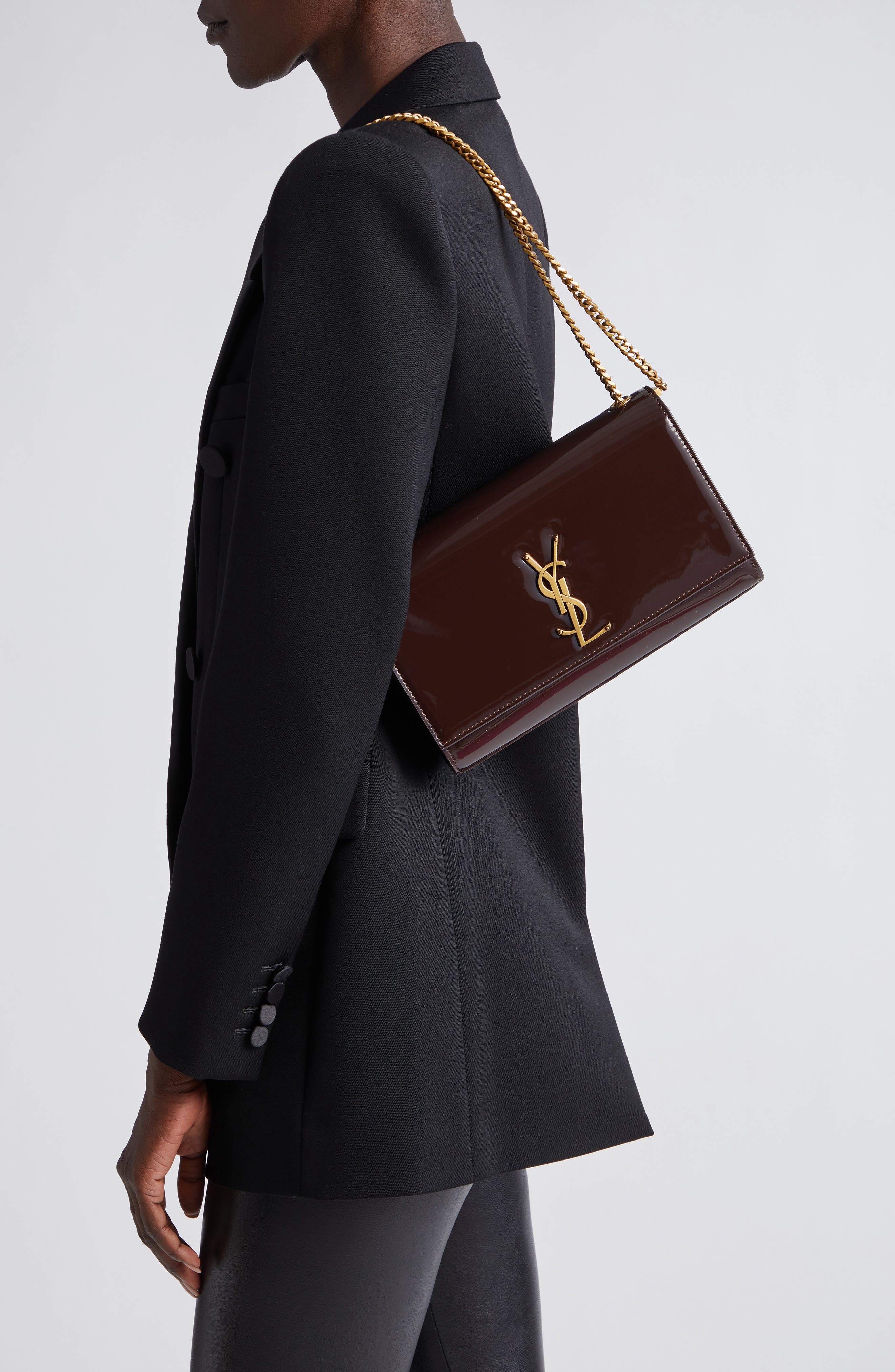 Saint Laurent Medium Kate Patent Leather Chain Shoulder Bag, Alternate, color, 